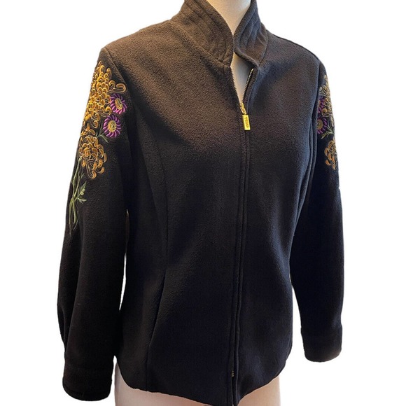 BOB MACKIE WEARABLE ART FLEECE JACKET~Small BLACK W/EMBROIDERED DESIGN~FULL ZIP - Picture 2 of 10